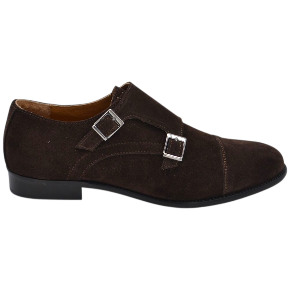 Scarpe uomo doppia fibbia eleganti vera pelle scamosciata marrone suola vero cuoio con antiscivolo handmade in italy