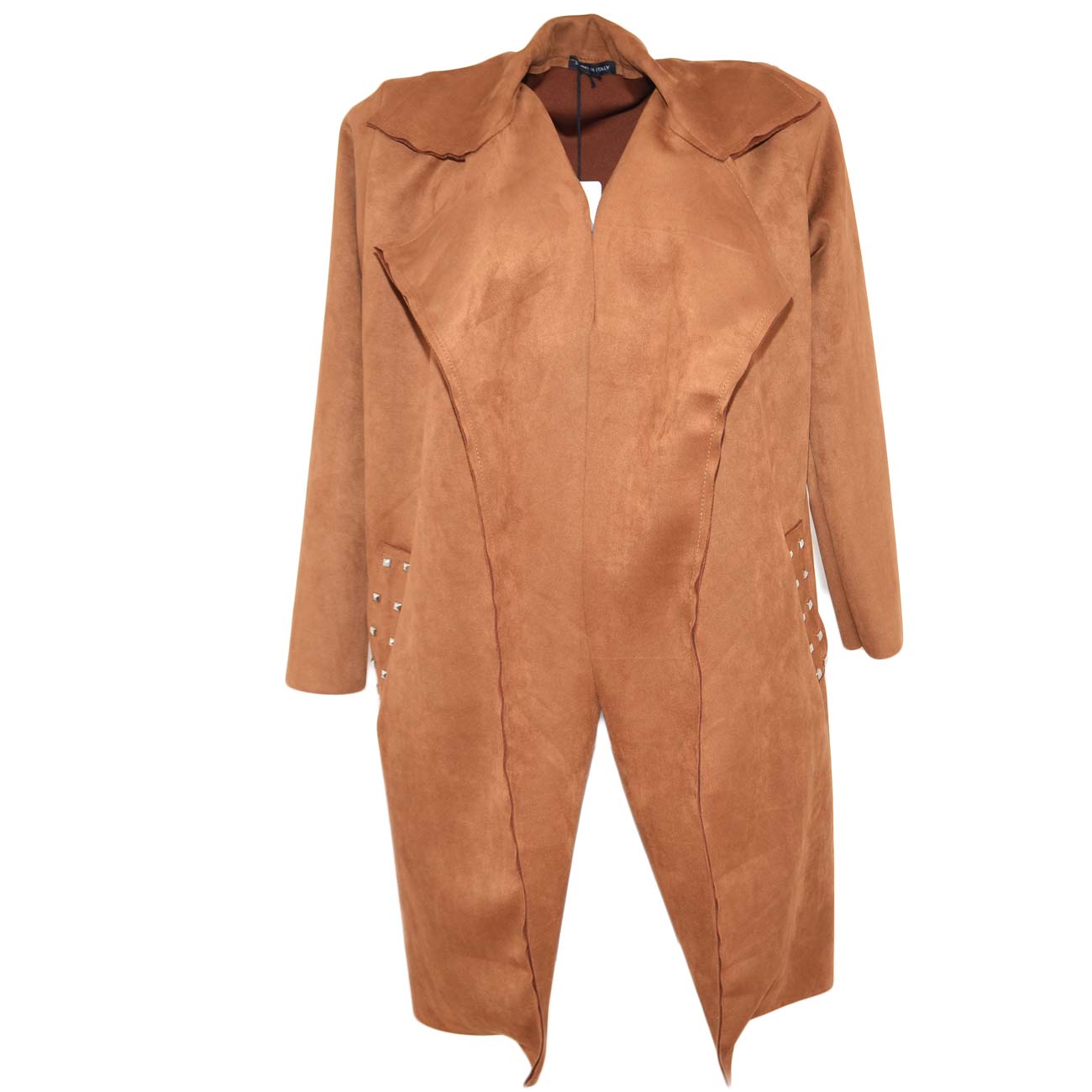 Cappotto giacca donna cuoio in tessuto scamosciato a due tasche con borchie taglio lento moda elegante