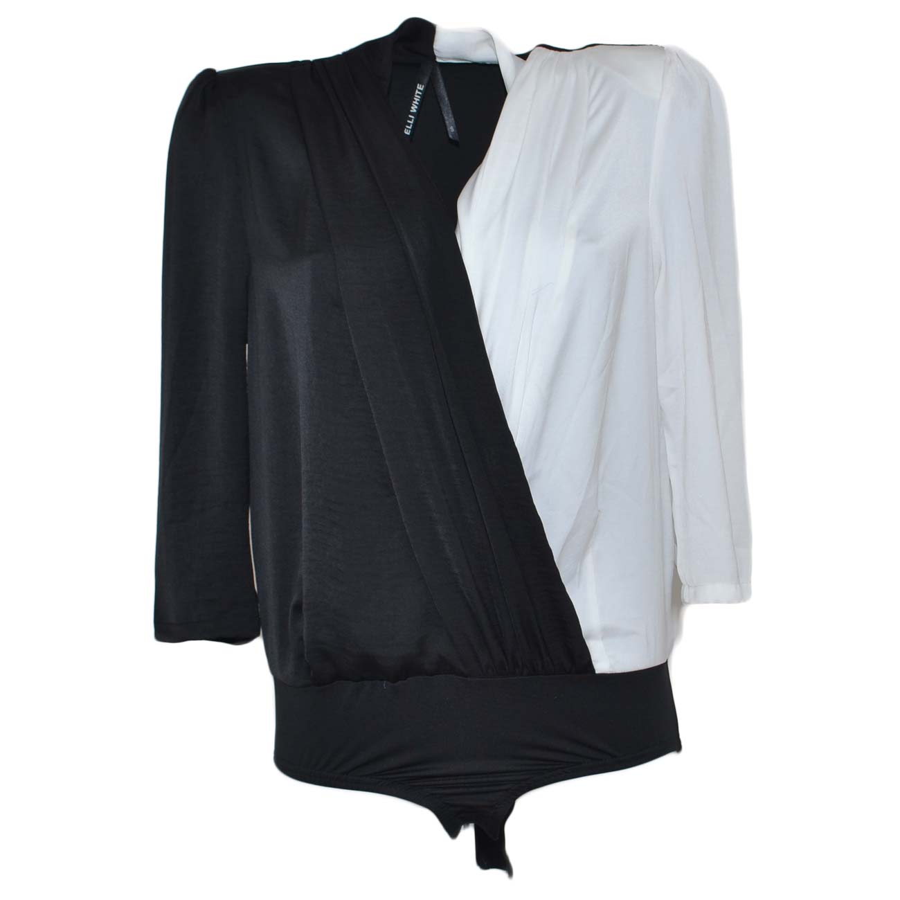 Camicia body donna blusa bicolore bianca e nera manica ampia scollo incrociato a V moda glamour 