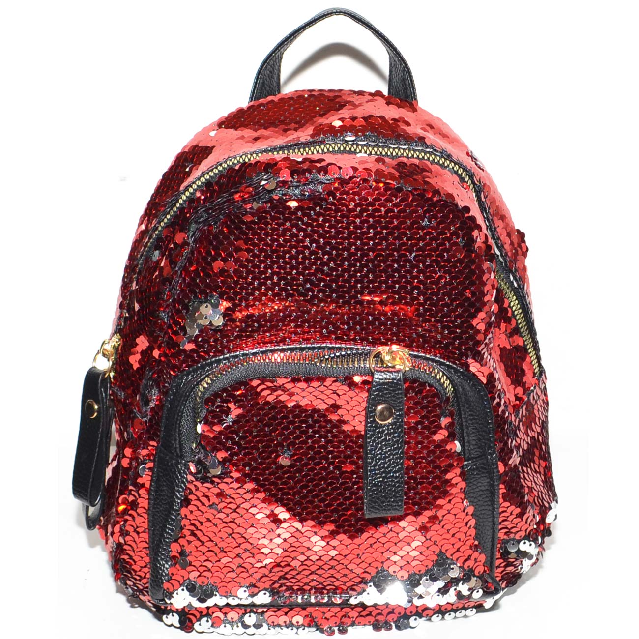 Mini zaino da donna versione pochette in paillettes reversibili rosso argento con doppia allacciatura e zip interne