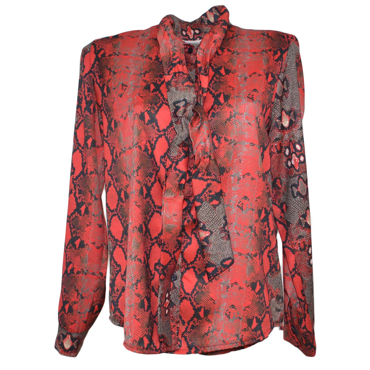 Camicia donna blusa in raso con colletto e foulard fantasia animalier rosso linea Basic e cordini in tinta shabby chic
