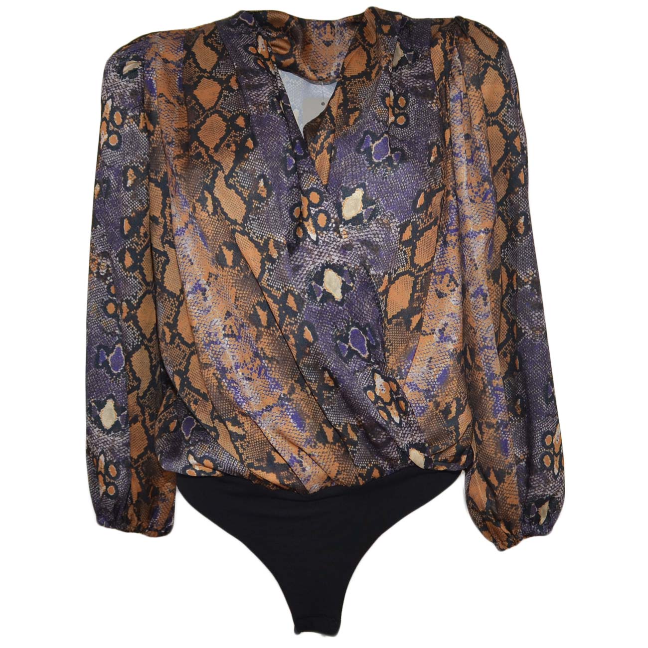 Camicia donna blusa a body di raso fantasia animalier colorata manica a sbuffo di scollo a V