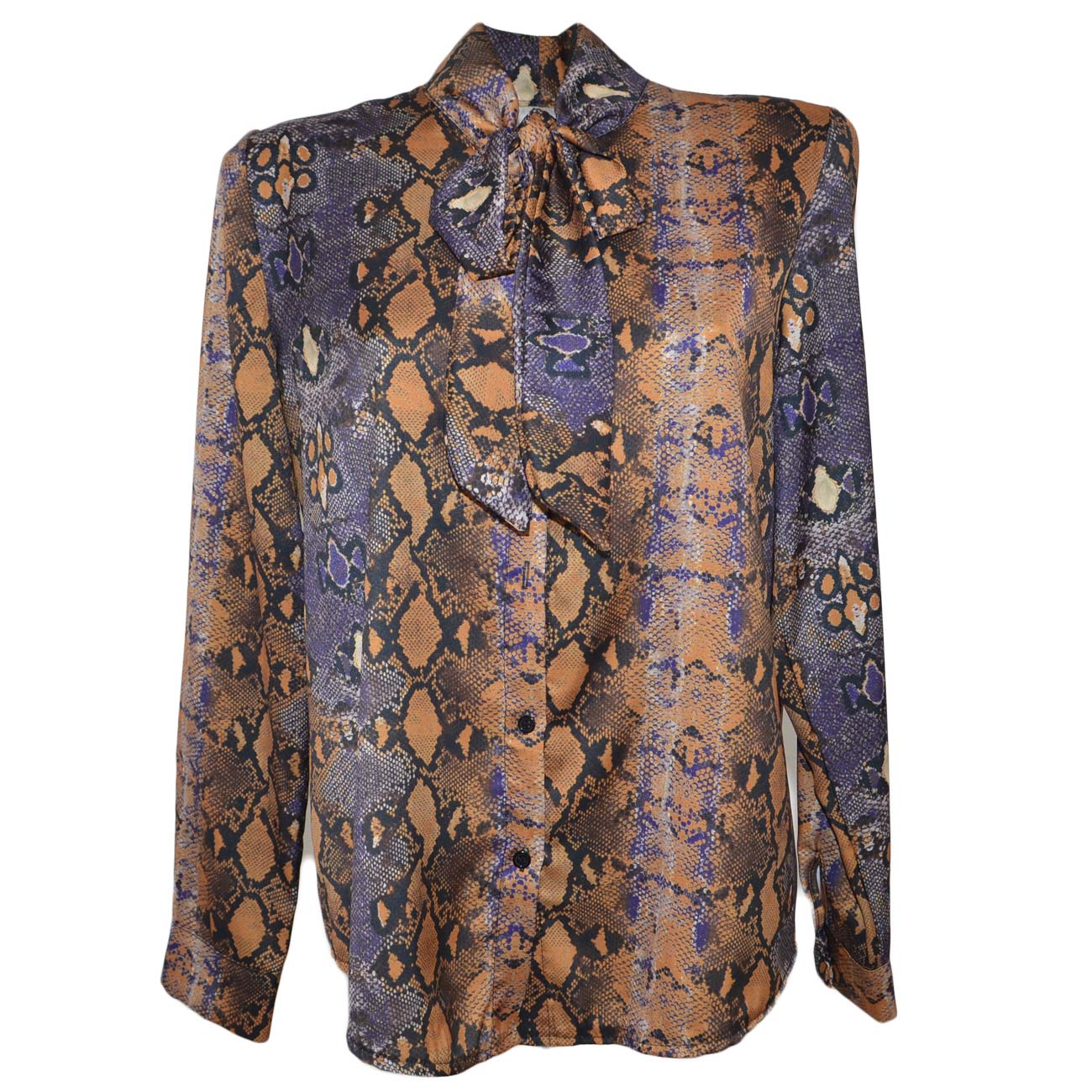 Camicia donna blusa in raso con colletto e foulard fantasia animalier viola linea Basic e cordini in tinta shabby chic
