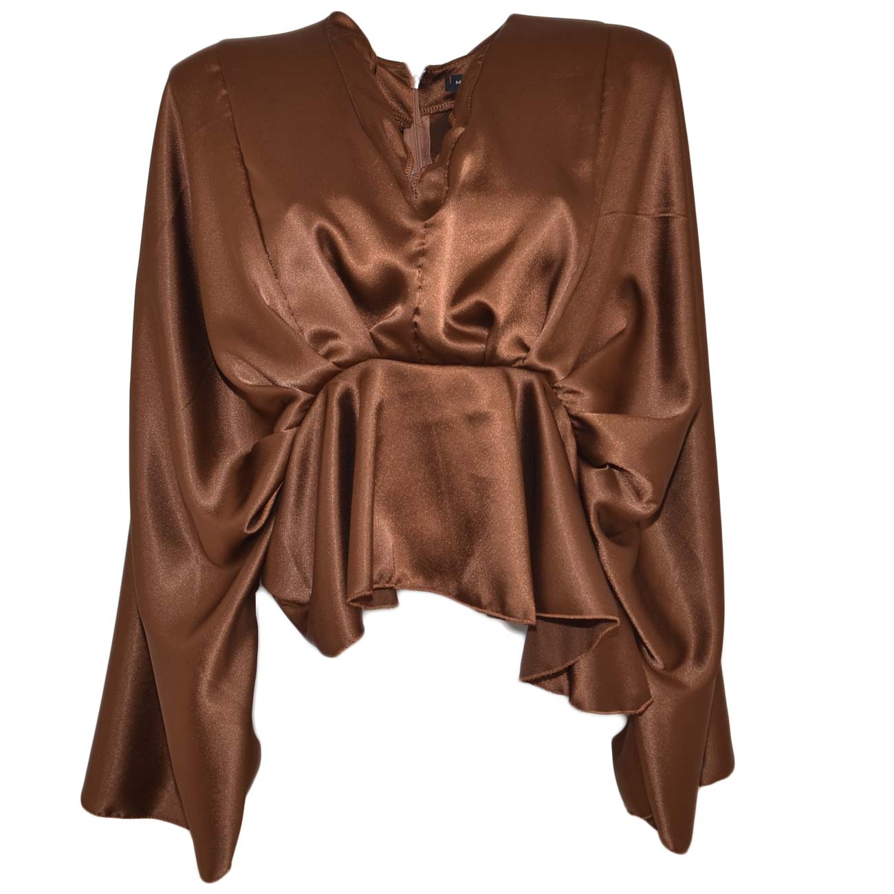 Camicia donna blusa in raso marrone scollo a V con manica larga a campana lunghezza asimmetrica moda luxury