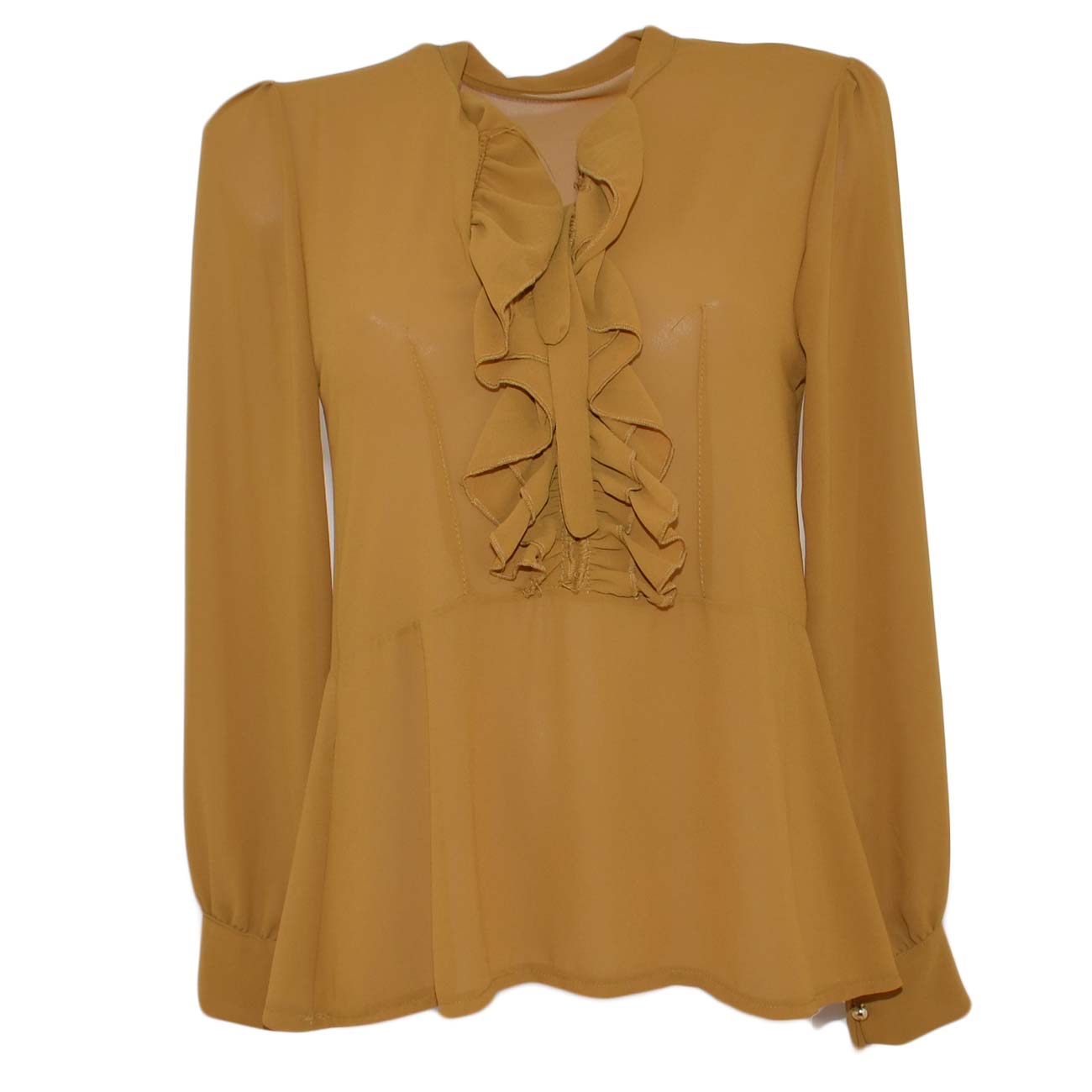 Camicia donna senape velata in viscosa con volant altezza petto e nastri moda trasparente linea basic