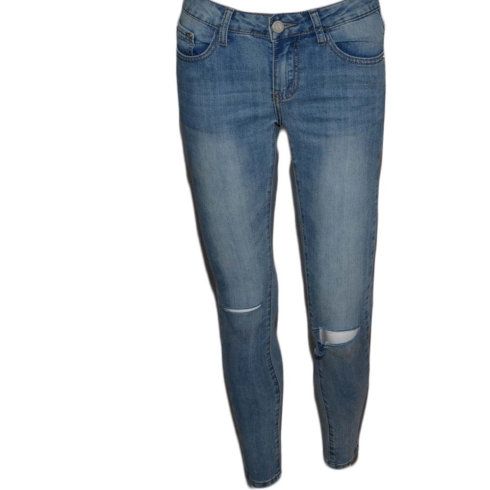 Jeans donna slimfit high waist a vita alta lavaggio blu denim strappo al ginocchio denim rigido.