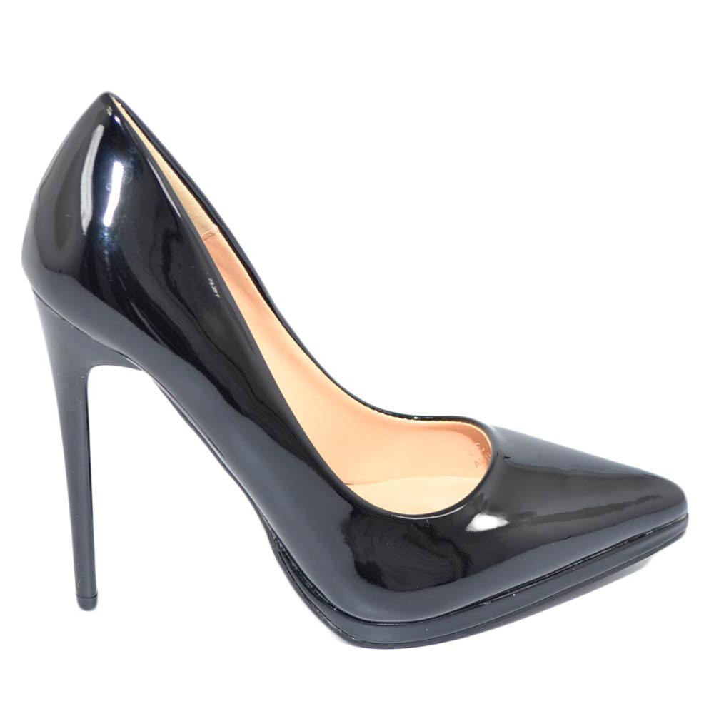 Decollete' donna a punta nero tacco a spillo 12 cm lucido vernice comode plateau scarpe per cerimonie eventi