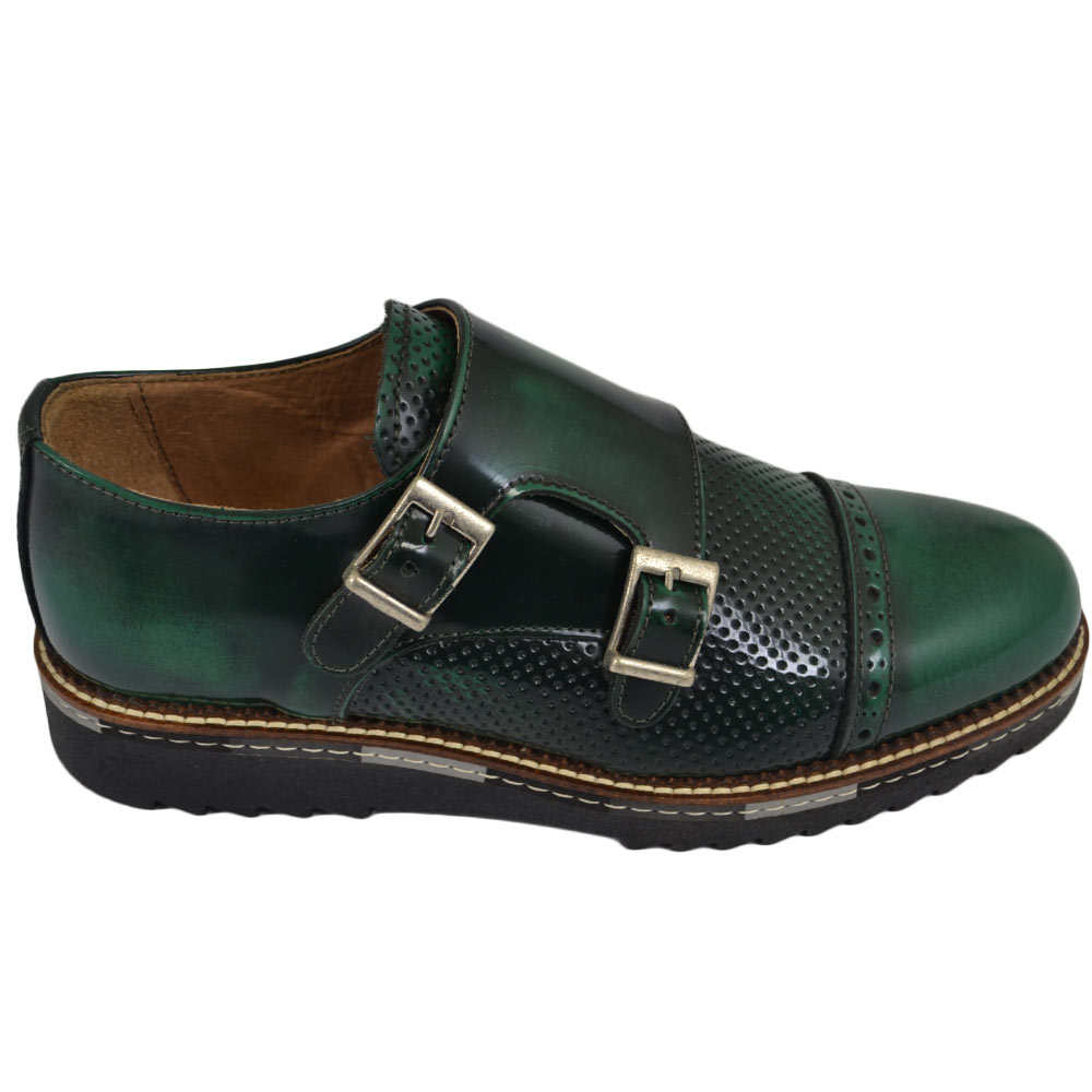 Scarpe Uomo Francesina Doppia Fibbia – Vera Pelle Nappa Spazzolata Blu – Fondo In Vero Cuoio Antiscivolo – Made In Italy