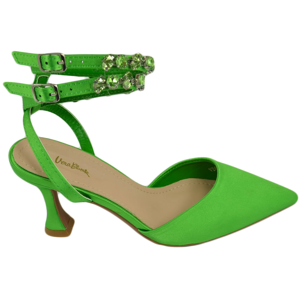 Scarpe decollete mules donna elegante punta in raso verde tacco10 cerimonia allacciatura alla caviglia con strasopen toe