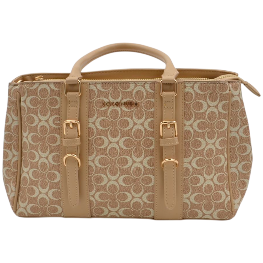 Borsa firmata shopping Coconuda donna a spalla con tracolla fantasia logo beige e bianco zip dorata.