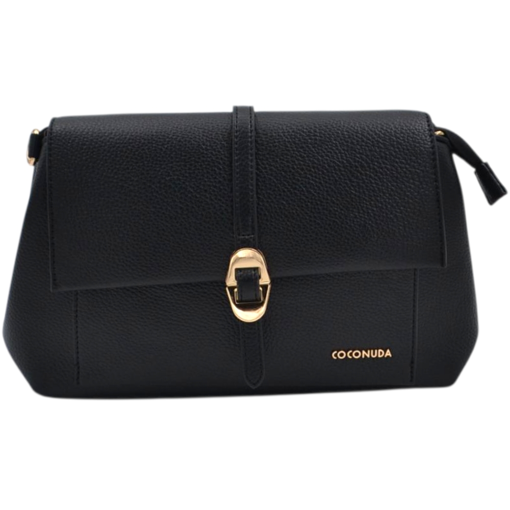 Borsa a tracolla donna firmata Coconuda a lettera nera con chiusura gancio e zip.