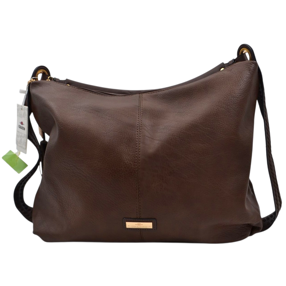 Borsa morbida donna firmata Charro a spalla sacco marrone con accessorio frangia e zip dorate.
