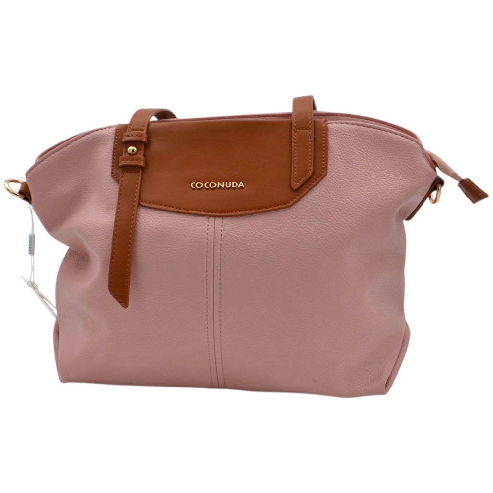 Borsa firmata shopping coconuda donna morbida a spalla con tracolla rosa e cuoio con zip dorata.