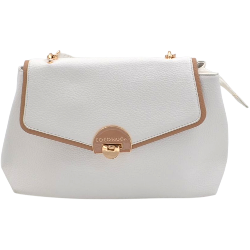 Borsa a tracolla donna firmata Coconuda a lettera bianca e beige con chiusura gancio e zip.