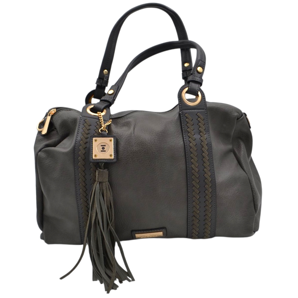 Borsa morbida donna firmata charro grigia a spalla bauletto con accessorio frangia e zip dorate.
