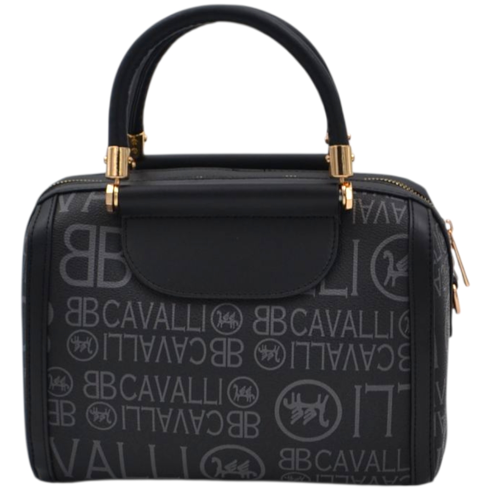 Borsa Donna a Mano Bauletto nero Logo Cavalli Materiale Sintetico Rigido Manici Strutturati Dettagli Oro
