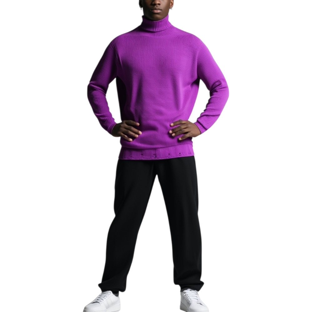 Maglione dolcevita uomo lungo viola slim fit ad intessitura larga linea vintage con buchi  caldo e confortevole.