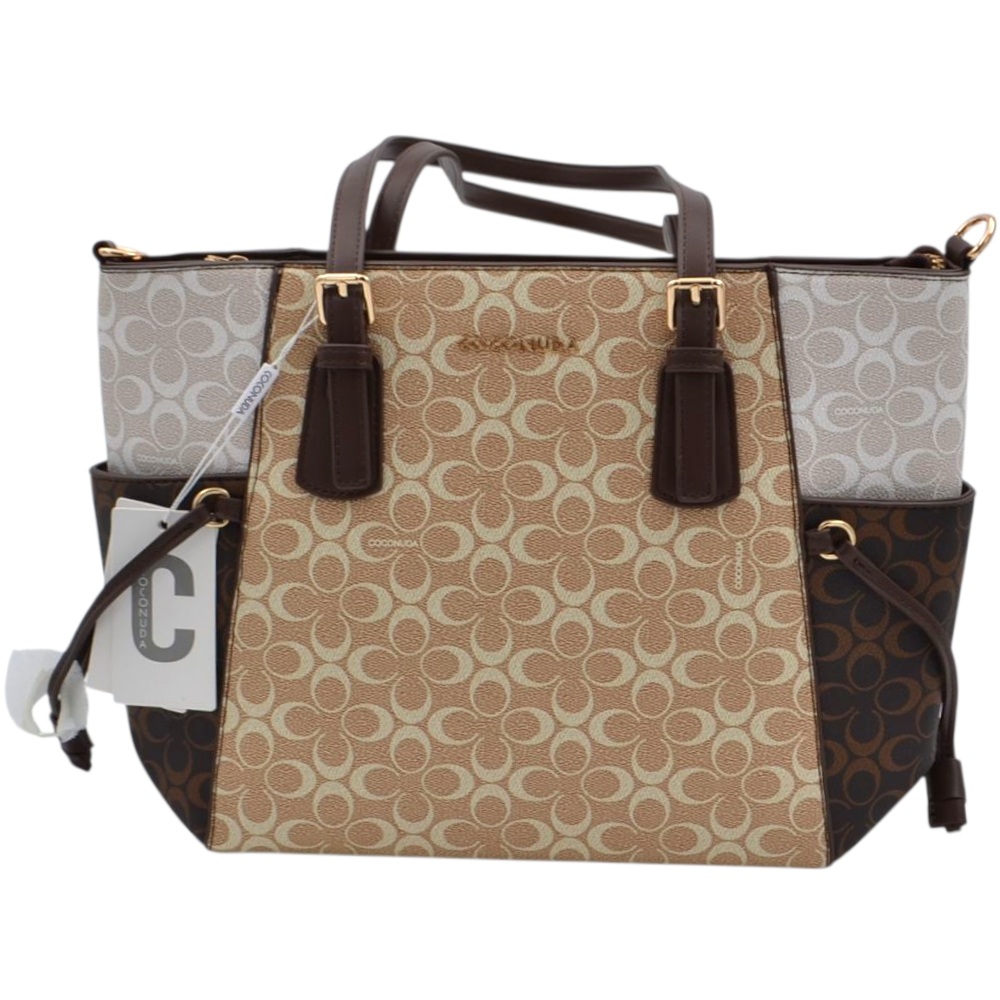 Borsa donna firmata Coconuda con manico e tracolla trapezio con tasche e zip marrone bianco e beige monogramma.