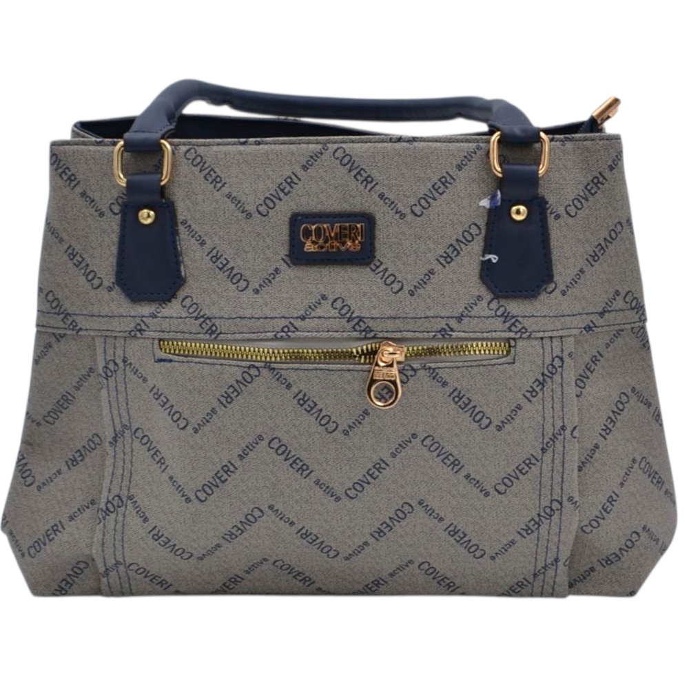 Borsa a spalla da donna firmata Coveri Active trapezio grigia e blu con tracolla stampa monogramma zip dorate