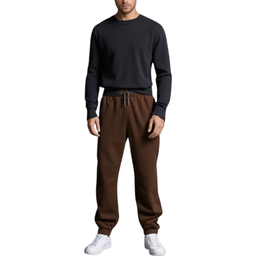 Maglione uomo a collo tondo nero slim fit  intessitura larga linea vintage con scuciture caldo e confortevole aderente.