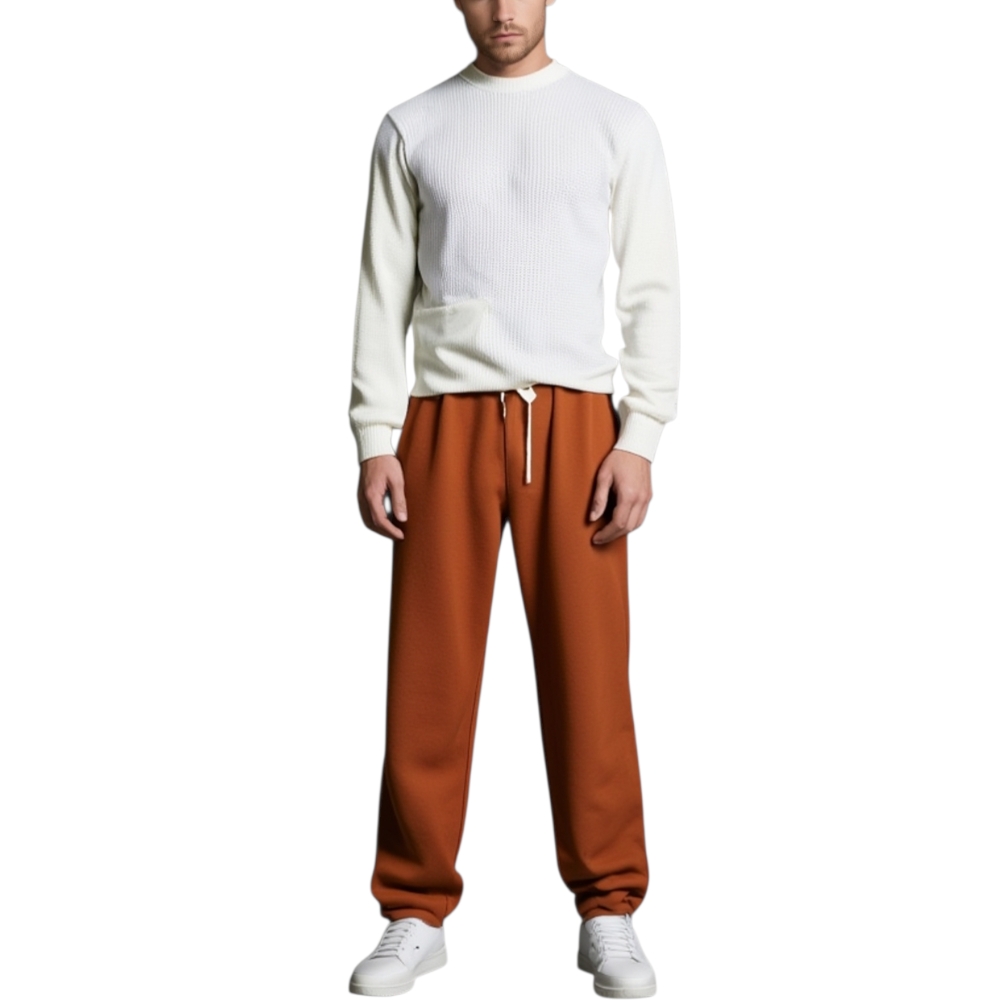 Maglione dolcevita uomo a collo tondo bianco lungo slim fit ad intessitura larga con tasca frontale caldo e confortevole.