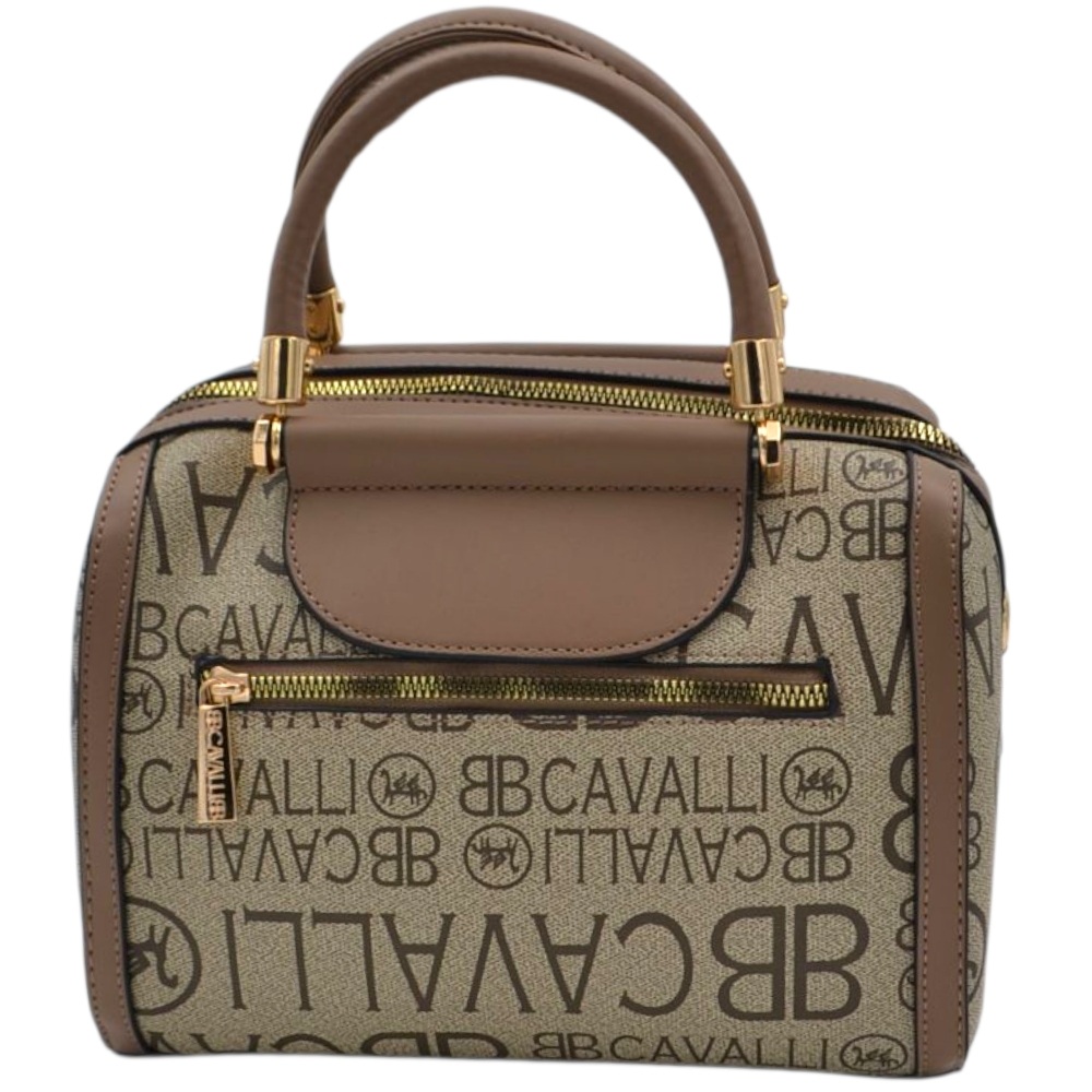 Borsa Donna a Mano Bauletto tortora Logo Cavalli Materiale Sintetico Rigido Manici Strutturati Dettagli Oro
