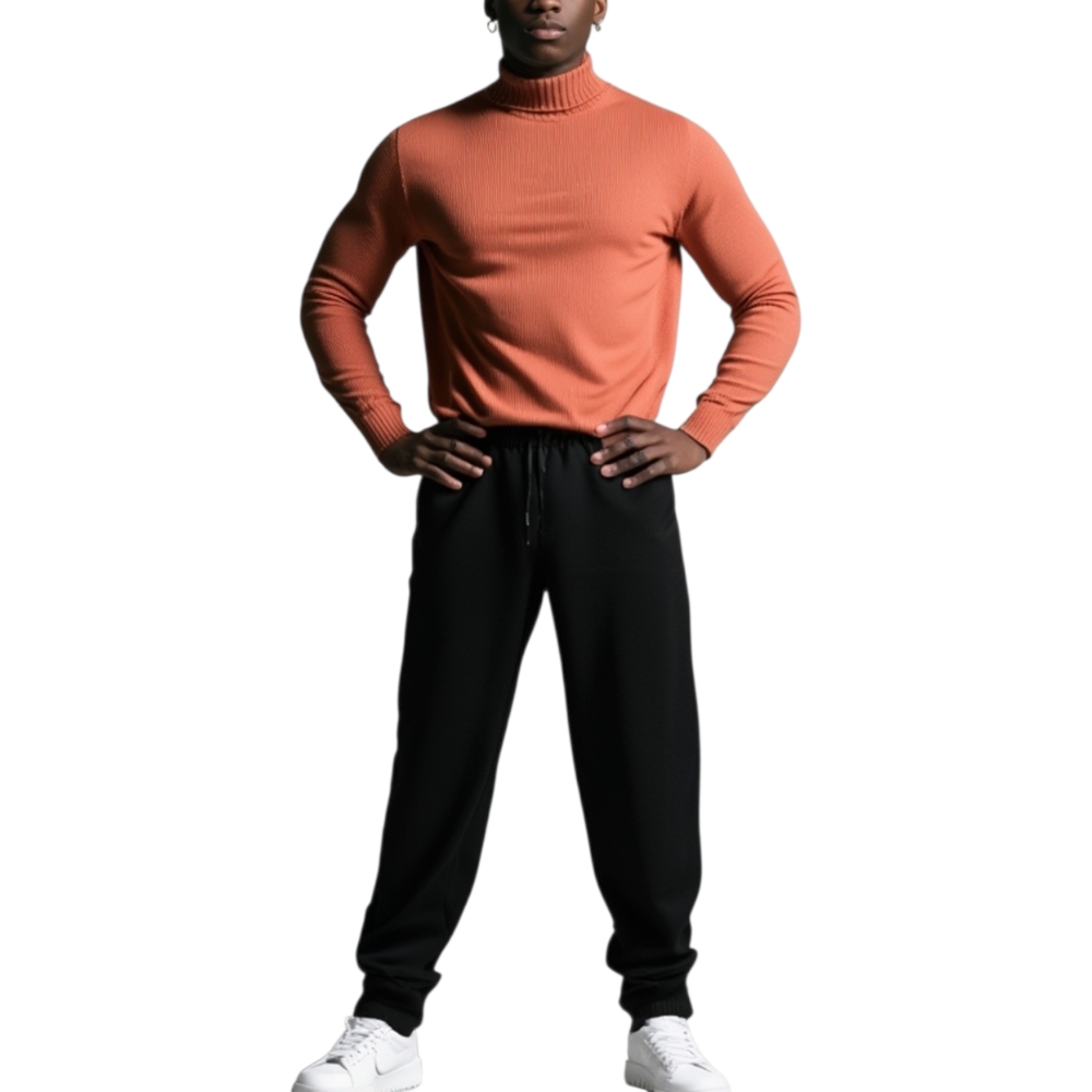 Maglione dolcevita uomo color caramello slim fit ad intessitura larga linea vintage con scuciture caldo e confortevole.