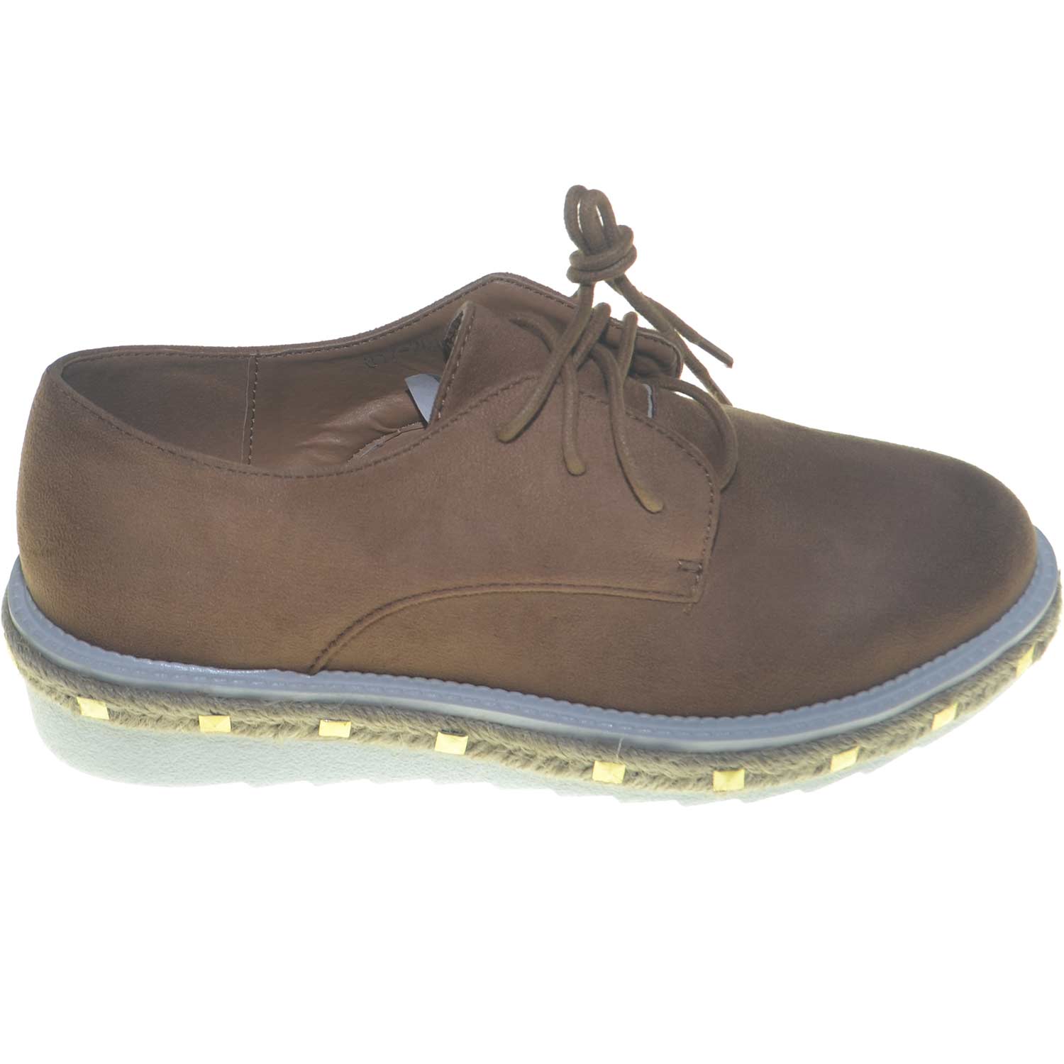 Scarpe francesine donna in nabuk cuoio con fondo light bianco micro con spago e borchie estivo