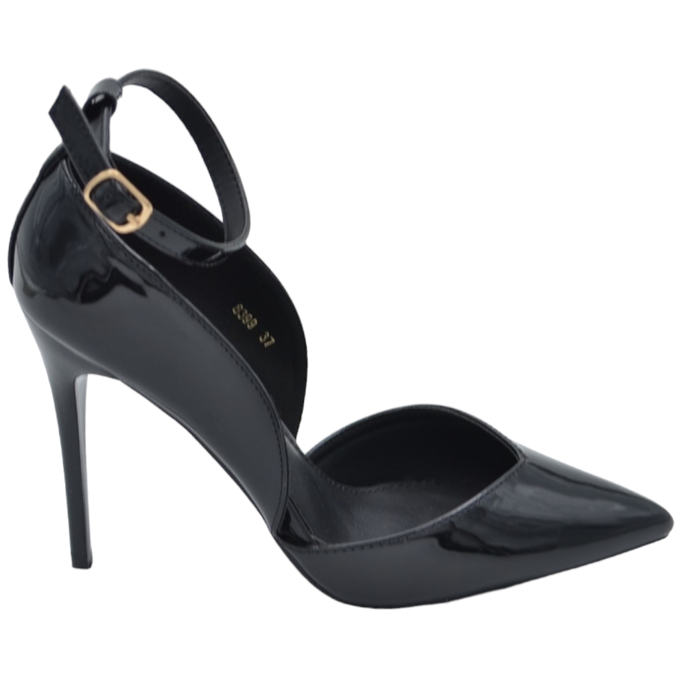 Decolette' donna in pelle lucida nera con punta tacco sottile 12 cm  cinturino alla caviglia regolabile scollo laterale .