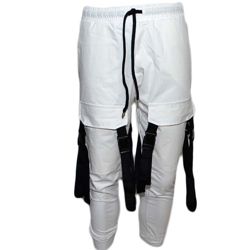 Pantaloni tuta cargo uomo bianco con tasconi laterali con laccio in vita comodo casual moda militare
