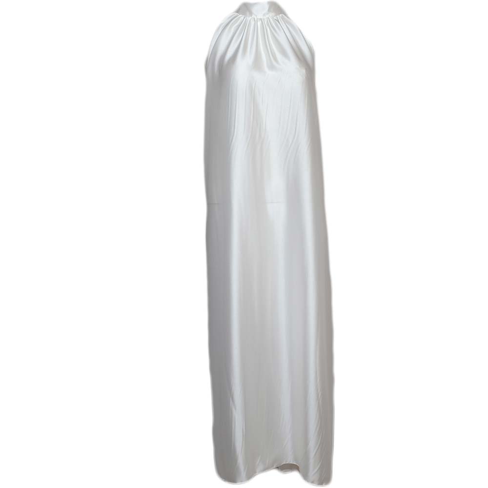 Abito donna lungo morbido in raso bianco con allacciatura al collo spalle scoperte moda lunghezza polpaccio