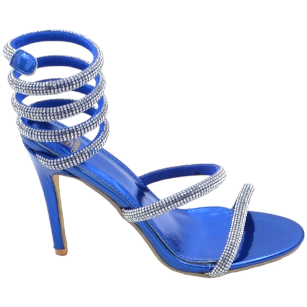 Sandali donna gioiello blu tacco sottile 12 cm serpente rigido si attorciglia alla gamba argento regolabile brillantini.