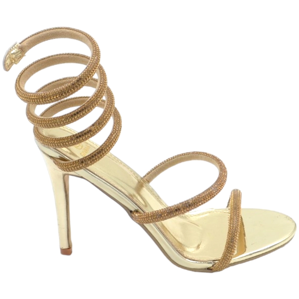 Sandali donna gioiello oro tacco sottile 12 cm serpente rigido si attorciglia alla gamba oro regolabile brillantini.