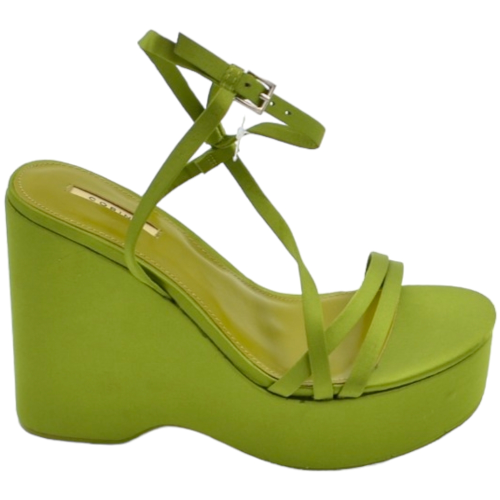 Zeppa donna verde in raso chiusura alla caviglia fondo tono su tono asimmetrico platform zeppa 10cm plateau 3cm