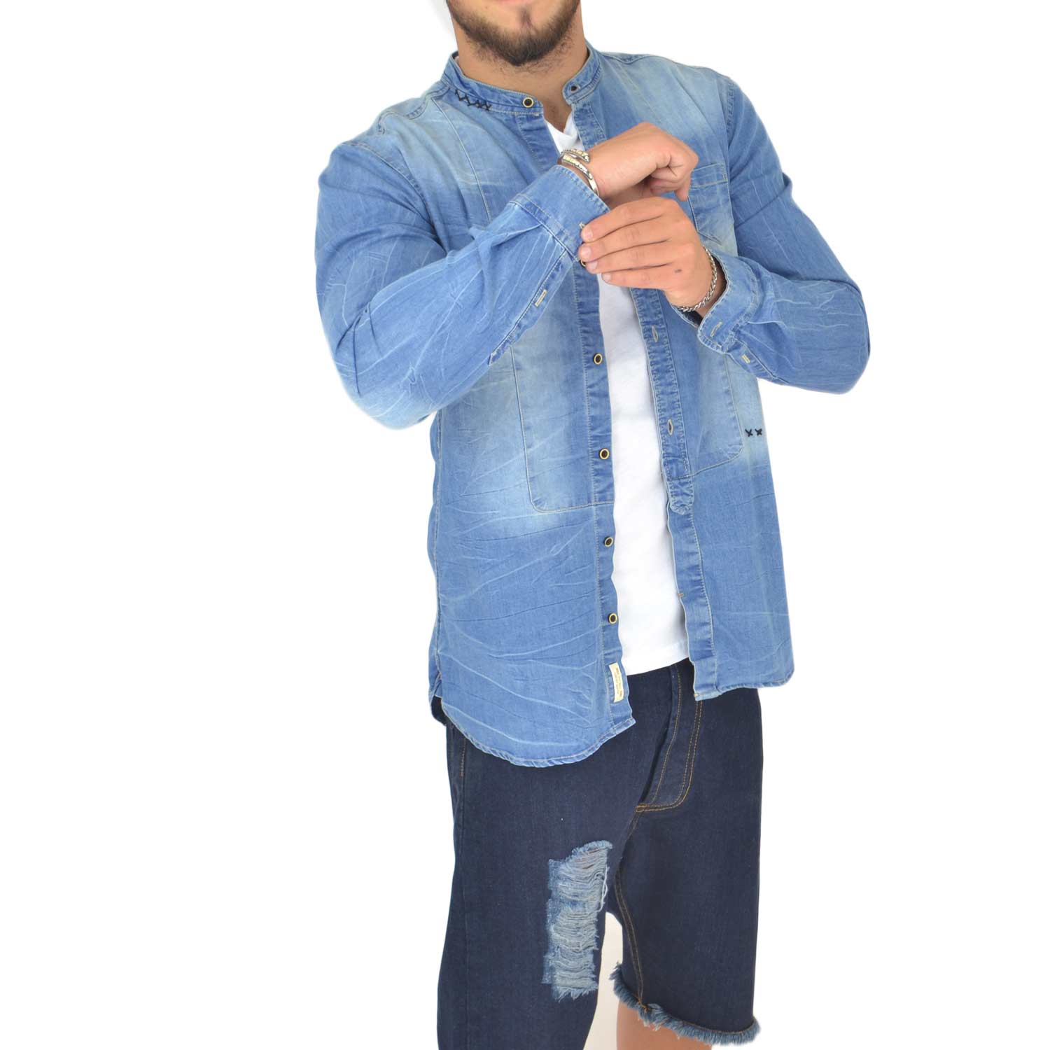 CAMICIA UOMO JEANS DENIM COLLO COREANO MANICA LUNGA BASIC