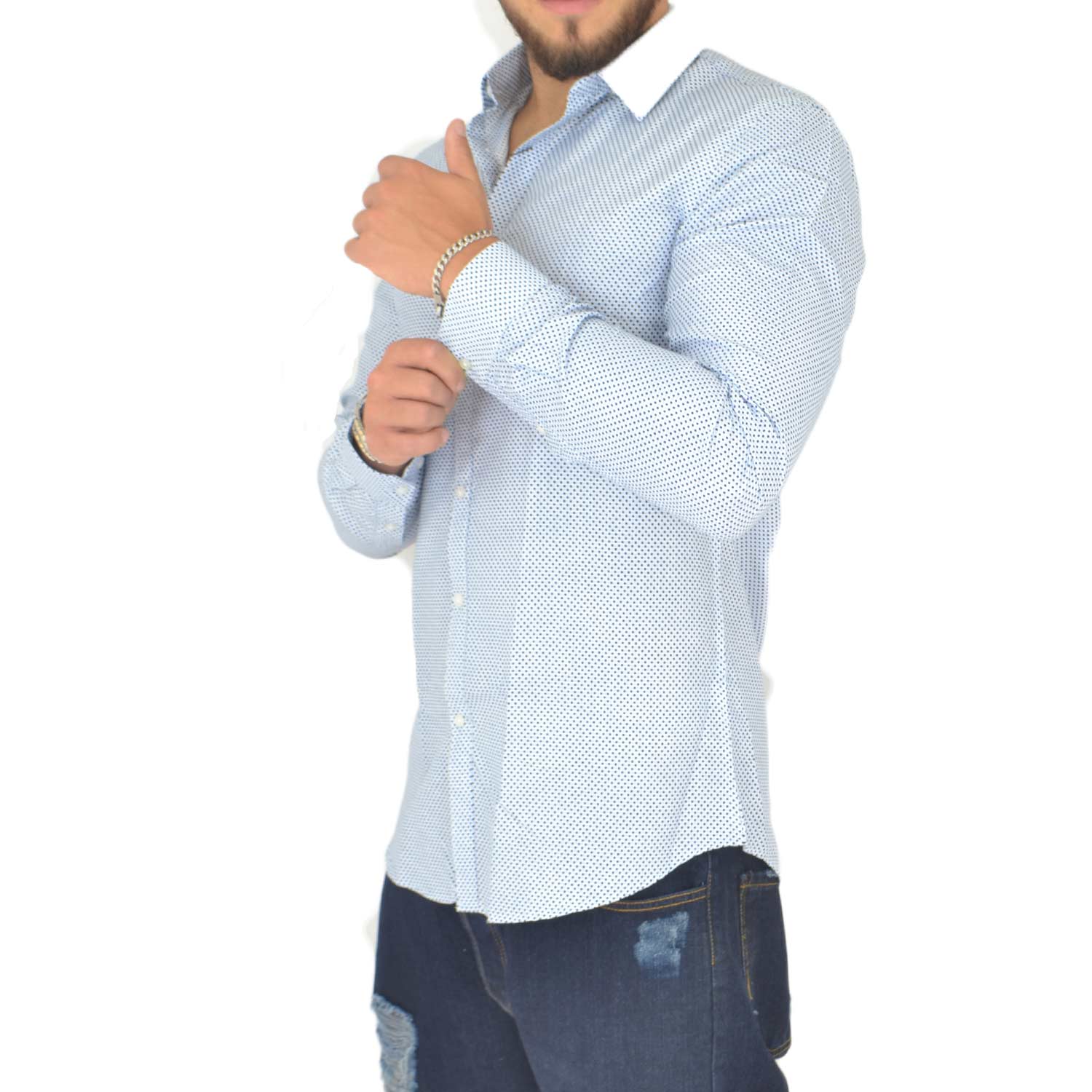 Camicia uomo cotone celeste collo rigido manica lunga motivo astratto blu notte