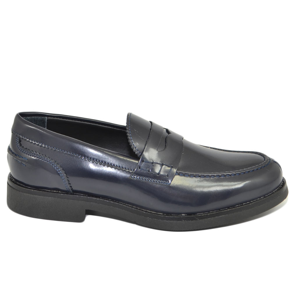 Scarpe uomo mocassini college vera pelle blu con bendina inglese made in italy fondo gomma leggera light