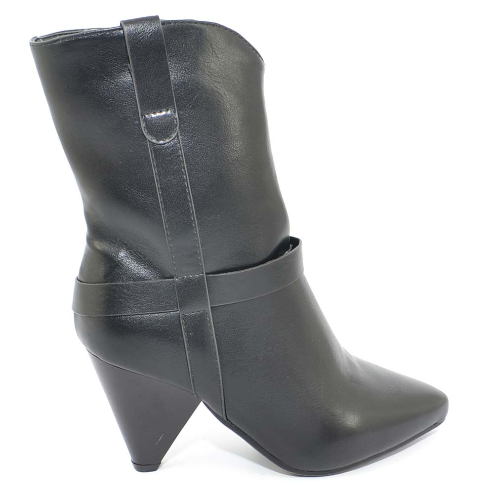 Camperos donna neri con tacco western in pelle liscia con rifiniture in rilievo texano stivaletto donna moda