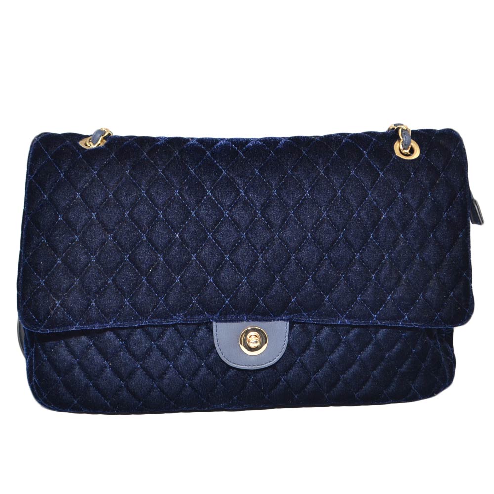 Borsa blu camoscio donna grande rettangolare fantasia trapuntata con gancio e catena oro chiusura zip moda