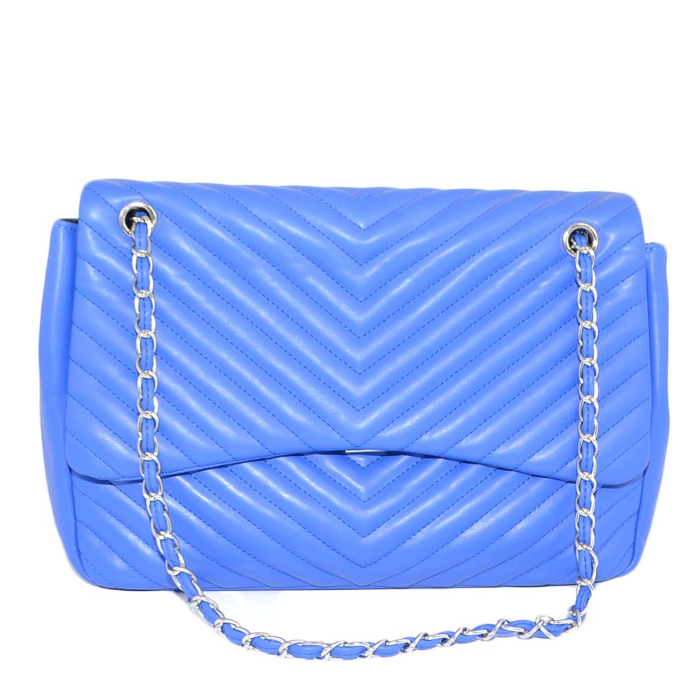 Borsa donna blu striata a portafoglio 3 scopartimenti chiusura clip e zip catena argento capiente tasca resto glam moda