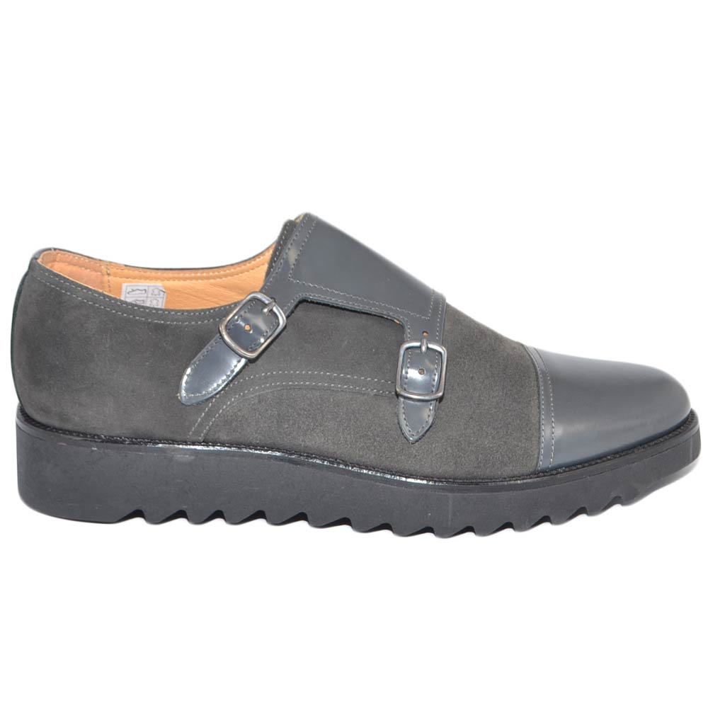 Scarpe uomo doppia fibbia eleganti grigio vera pelle e camoscio fondo furia ero alto zigrinato fatte a mano in Italia