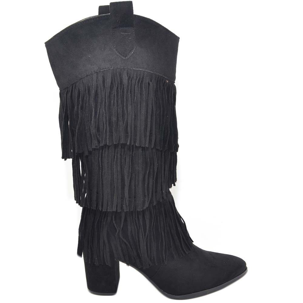 Stivali donna scamosciati neri con tacco basso e frange lunghe moda western texani camperos con zip
