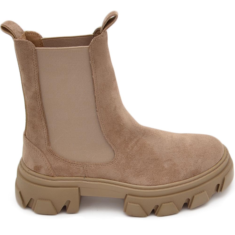 Stivaletti donna chelsea boots combat impermeabile ecopelle scamosciato beige fondo alto carrarmato elastico.