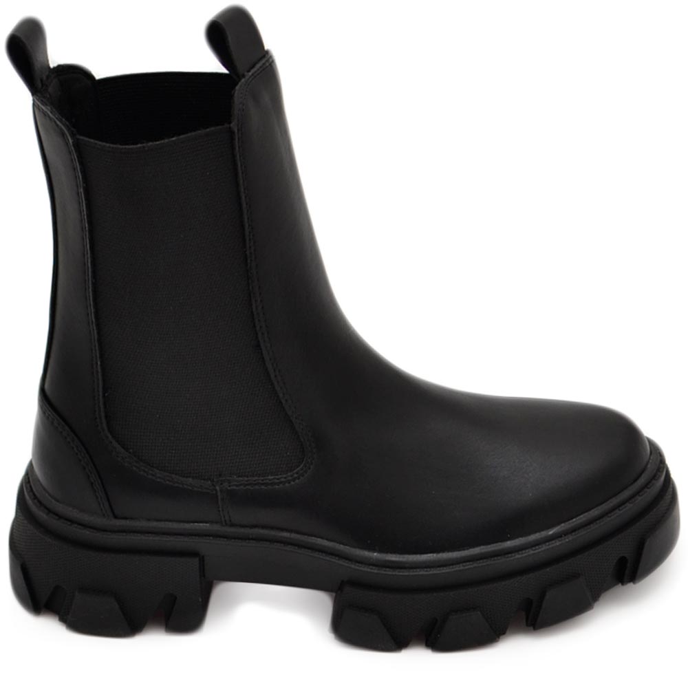 Stivaletti donna chelsea boots combat impermeabile ecopelle nero fondo alto carrarmato elastico made in italy