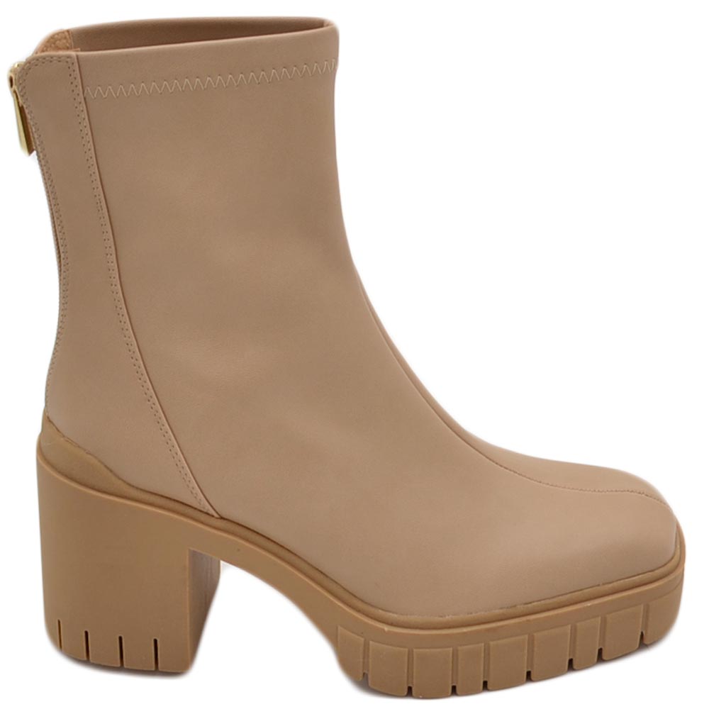 Stivaletto tronchetto donna platform combat con zeppa carrarmato in ecopelle beige effetto calzino con zip.