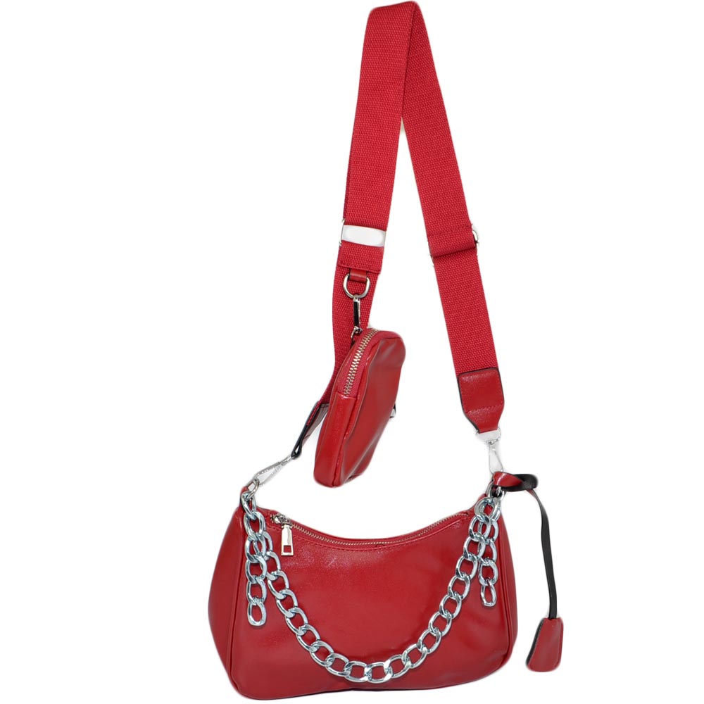Multi pochette accessoriata a due elementi rosso pelle con tracolla jaquard regolabile portamonete catena moda donna .