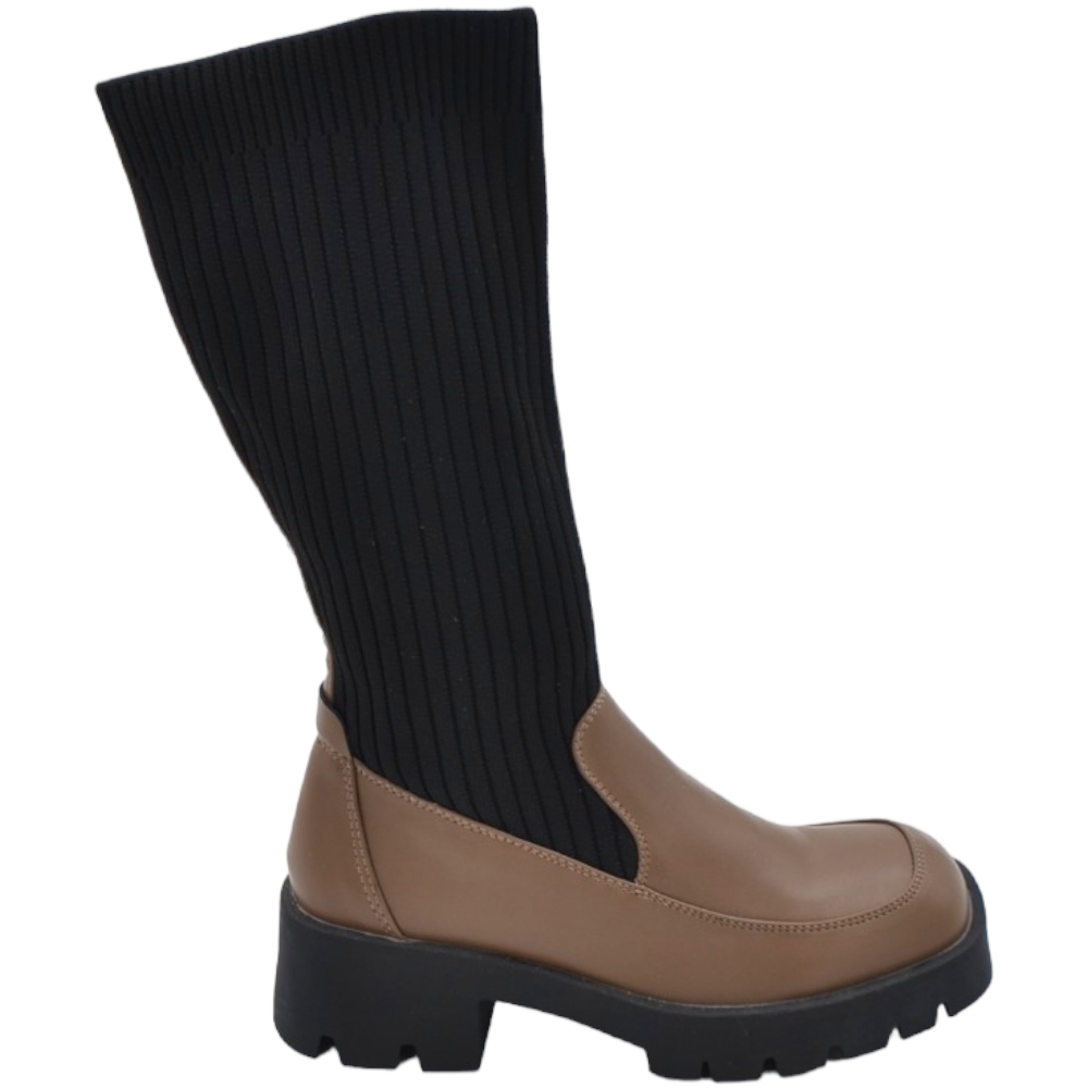 Stivali donna tortora taupe basic punta quadrata con gomma e tacco 4cm altezza polpaccio tessuto elastico curvy