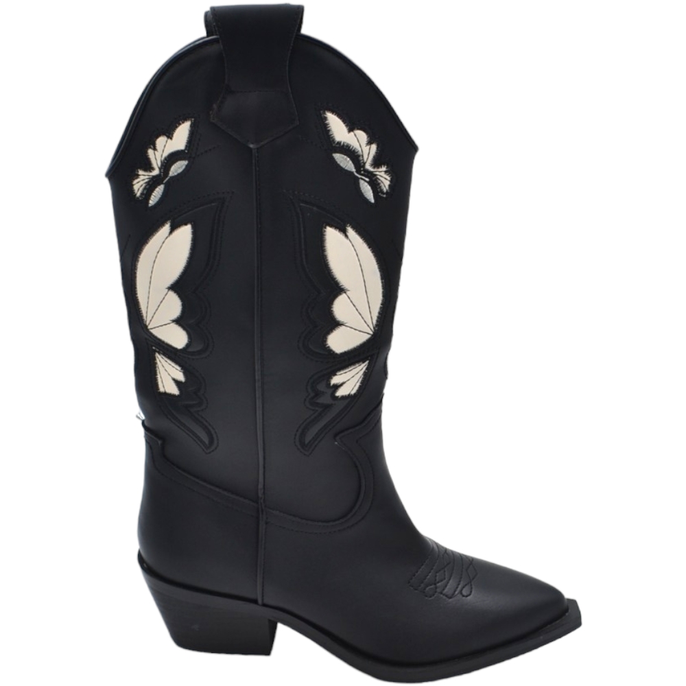 Stivali donna western vero camperos Corina nero con farfalle bianco altezza media tacco texano 5 cm.