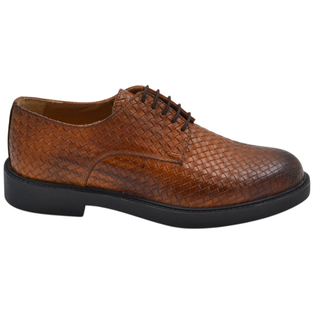 Scarpe uomo derby intrecciato stampato cuoio in vera pelle made in italy business fondo gomma alto.