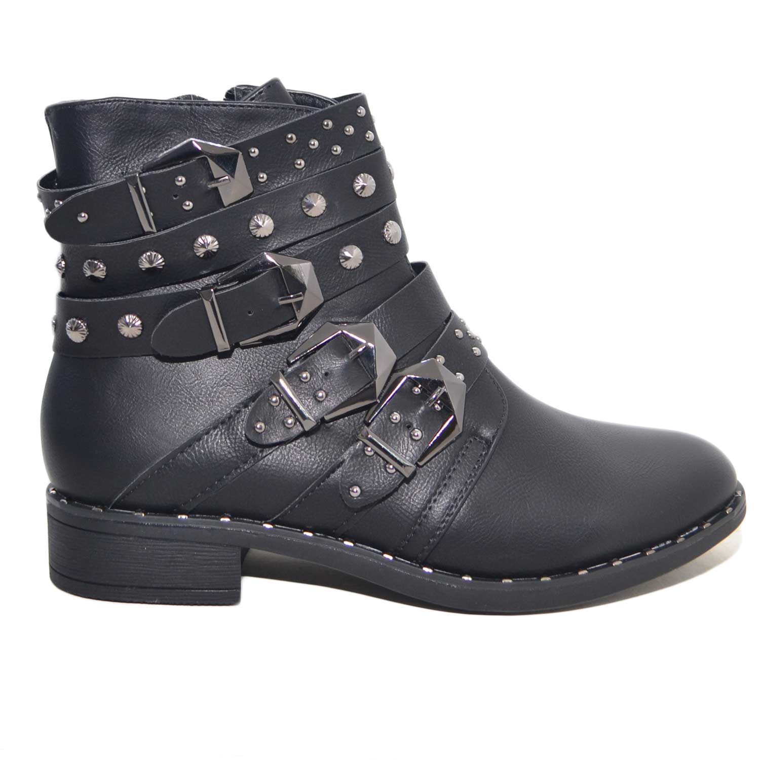 scarpe donna stivaletti nero quattro fibbie inglese donna comodi fondo antiscivolo moda glamour 